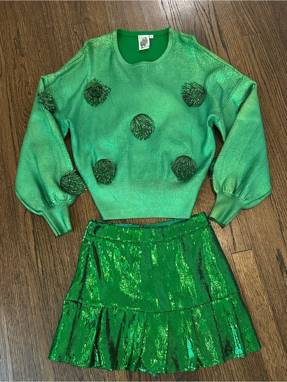 Green Queen of Sparkles Sequin Pom-Pom Sweater & Skirt Set